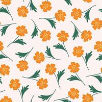 nahtlos Muster von Orange Blumen mit Grün Blätter auf ein Beige Hintergrund. Sommer- Blumen- Vektor Illustration. Wildblume Stoff, Frühling Wiese botanisch drucken