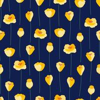 Gelb Mohnblumen und Knospen auf ein dunkel Blau Hintergrund, nahtlos Muster. Sommer- hell Blumen- Vektor Illustration. Frühling Wiese botanisch drucken, Wildblume Stoff. modern Stil Design