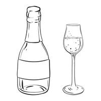svartvit illustration av en vin flaska och glas på en tabell vektor