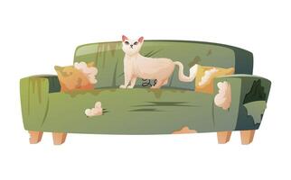 bruten, smutsig Hem soffa, repig förbi en vit katt. sällskapsdjur skadad möbel för levande rum interiör. vektor isolerat tecknad serie illustration.