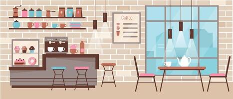 mysigt modern Kafé eller cafeteria med stolar och tabell. kaffe affär eller bageri. interiör design platt eller tecknad serie vektor illustration.