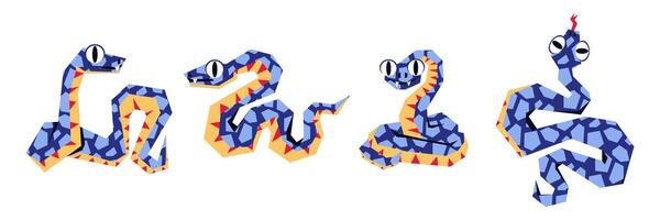 en uppsättning av ormar i 2025, blå i Färg och geometriskt krypande i textur. isolerat buktig ormar i annorlunda poserar. modern vektor illustration i en platt stil. de 2025 samling av ormar. ett