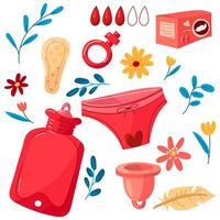einstellen von Höschen, ein Menstruation- Tasse, ein heiß Wasser Flasche, ein Pad, ein Feder mit Blumen und Geäst. das Konzept von ein Frau regulär Menstruation- Zyklus. Menstruation- Zeitraum, prämenstruell Syndrom, Vektor