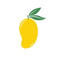 frisch ganze Gelb Mango. Vektor eben Illustration isoliert auf Weiß Hintergrund. glänzend Vertikale Single Mango mit zwei Grün Blätter. Farbe Früchte Symbol.