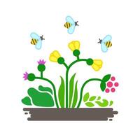 vild blommor och bin. små ekosystem. vektor illustration.