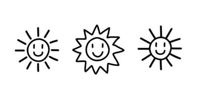 hand dragen Lycklig Sol ikoner uppsättning. vektor svart linje klotter isolerat på vit bakgrund.