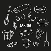 bakning utrustning hand dragen bläck skiss vektor illustration. klotter bakgrund med deg, ägg, rullande stift, mjöl, Ingredienser verktyg matlagning bakad varor. design begrepp för bageri, kock, meny, café