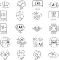 artificiell intelligens linje ikoner uppsättning. vektor illustration modern stil ikoner av ai teknologi och möjligheter, maskin inlärning, smart robotik, chatbot.
