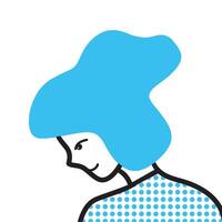enkel abstrakt kvinna mänsklig figur med blå kläder och hår vektor illustration isolerat på fyrkant vit bakgrund. enkel platt tecknad serie konst styled teckning isolerat på fyrkant bakgrund.
