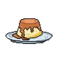 Vanille japanisch Pudding Dessert mit Süss Karamell Soße auf Platte. Pixel Kunst retro Jahrgang Video Spiel bisschen Vektor Illustration. einfach eben Karikatur Kunst gestylt Zeichnung isoliert auf Platz Hintergrund.