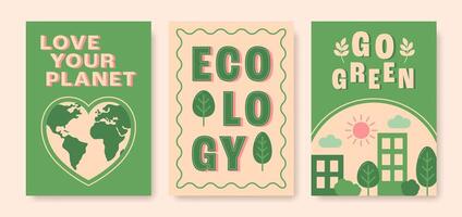 modern Ökologie Plakate mit Text im eben Stil. Liebe Ihre Planet, gehen Grün positiv Phrasen. Vektor Illustration