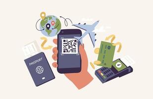 Vektor Abbildungen Konzept von online Flugzeug Fahrkarte Befehl. Mensch Hand halten ein Handy, Mobiltelefon Telefon mit qr Code Fahrkarte umgeben Reise Artikel