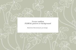 Jahrgang Karte mit Kleeblatt Pflanze. Blumen- Kranz. Blume Rahmen zum Blumengeschäft mit Etikette Entwürfe. Blumen Hintergrund zum Kosmetika Verpackung vektor