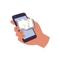 Vektor Illustration Mensch Hand halten Telefon mit öffnen Buch auf Bildschirm. Konzept von lehrreich und Unterhaltung Literatur auf Smartphone