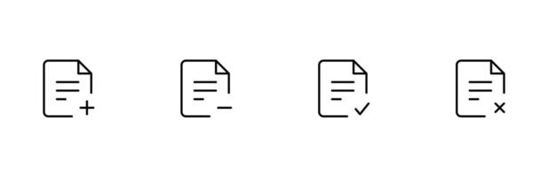 dokumentera fil papper ikon. Lägg till eller radera fil. fil ja Nej. bock ikon. dokument ikon. redigerbar stroke. vektor illustration.