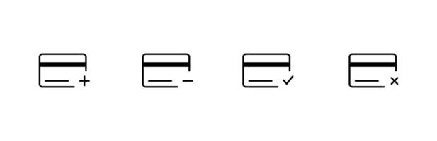 Anerkennung Karte Zahlung Symbol. stornieren und genehmigt Zahlung Symbol. Karte hinzufügen, entfernen Symbol. editierbar Schlaganfall. Vektor Illustration.