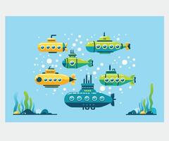 uppsättning tecknad serie ubåtar under vattnet marinmålning bakgrund illustration vektor