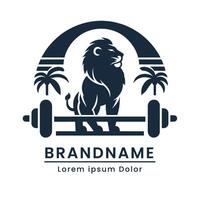 strand kondition logotyp med skivstång och lejon Gym branding emblem modern vektor