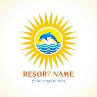 Delfin Sprünge, Meer und Sonne. Reise Tour oder Resort Logo cocept vektor