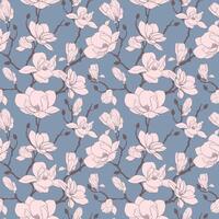 en mönster av magnolia grenar i en retro stil på en blå bakgrund vektor