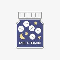 Melatonin Flasche mit Pillen. Kapseln zum schlafen. Schlaflosigkeit Erkrankung. Vektor Illustration