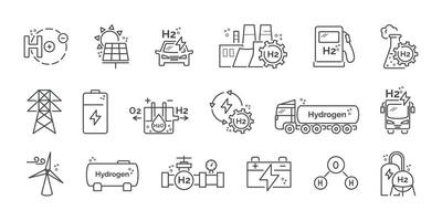 Grün Wasserstoff Energie Linie Symbol Satz. Produktion und Lager von Wasserstoff Kraftstoff. Panzer von h2. Solar- Tafel, Windmühle, Batterie, Leistung, Transport, Generator, Atom Vektor Illustration. editierbar strock