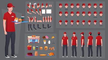 Fastfood, Restaurant Arbeiter Charakter Schaffung und Animation Pack, Mann tragen rot Uniform mit verschiedene Lebensmittel, Hand Gesten, Mund Animation und Lippe synchronisieren. Vektor Illustration