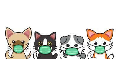 Reihe von Cartoon-Katzen, die schützende Gesichtsmasken tragen vektor