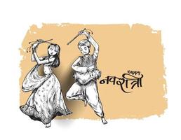 Feiern Sie das Navratri-Festival mit tanzendem Garba-Männer-Frauen-Designvektor, handgezeichnete Vektorillustration. vektor