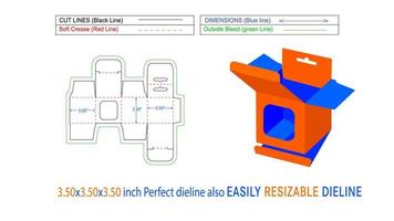 quadratische hängende Fensterbox 3,50 x 3,50 x 3,50 Zoll mobile Ladebox mit Schnappverschluss, Dieline-Vorlage und 3D-Box vektor