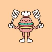 Maskottchen-Burger mit Kochmütze und Spachtel-Illustration. Vektorgrafiken für T-Shirt-Drucke und andere vektor