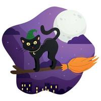 Eine schwarze Katze mit Hut auf einem Besen fliegt in der Halloween-Nacht über die Häuser der Stadt. vektor