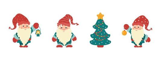 Satz kleiner Weihnachtszwerge in Mützen mit festlichem Baum, Laterne, Ball. vektor