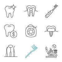 Zahnmedizin lineare Symbole gesetzt. gesunde Zahnsubstanz, elektrische Zahnbürste, Servicepreise, Implantat, Instrumente, Zahnseide, Zahnarztstuhl. dünne Linienkontursymbole. isolierte vektorumrissillustrationen vektor