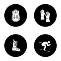 Winteraktivitäten Glyphe Icons Set. Rucksack, Skihandschuhe und -schuhe, Skifahrer. Vektorgrafiken von weißen Silhouetten in schwarzen Kreisen vektor