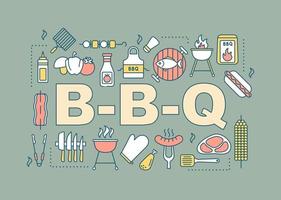 bbq ord begrepp banner. utegrill. matlagning utomhus. isolerade bokstäver typografi idé med linjära ikoner. vektor kontur illustration