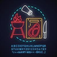 bbq restaurang neon ljus koncept ikon. grillidé. matlagning. glödande tecken med alfabet, siffror och symboler. vektor isolerade illustration