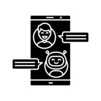 Chatbot-Glyphensymbol unterstützen. Silhouette-Symbol. Messenger-Bot. moderner Roboter. virtueller Assistent. Chat-Bot. Mann chattet mit Bot auf dem Smartphone. negativer Raum. isolierte Vektorgrafik vektor