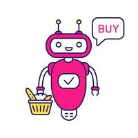 online kundtjänst chatbot färgikon. talkbot med matkorg säger köp. modern robot. virtuell shoppingassistent. isolerade vektor illustration