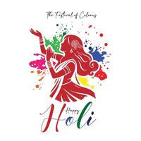 glücklich holi Festival Hintergrund Design mit Farben und indisch Frau vektor