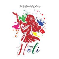 Lycklig holi festival bakgrund design med färger och indisk kvinna vektor