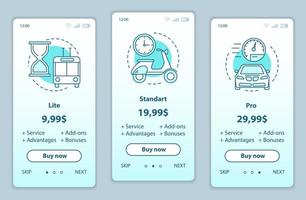 tariff planer onboarding mobil app skärmar vektor mallar. genomgång av webbsidors gränssnitt. lite, standart, pro servicepriser. smartphoneprenumeration, webbsidalayout för medlemsbetalning