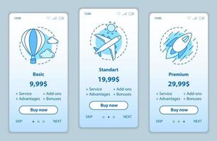 tariff planer onboarding mobil app skärmar vektor mallar. genomgång av webbsidors gränssnitt. grundläggande, standard, premium leveranspriser. smartphoneprenumeration, webbsidalayout för medlemsbetalning