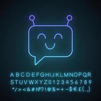 Chatbot-Nachricht Neonlicht-Symbol. Talkbot. moderner Roboter. quadratischer Kopf lachender Chatbot. virtueller Assistent. Gesprächsagent. leuchtendes Alphabet, Zahlen und Symbole. isolierte Vektorgrafik vektor