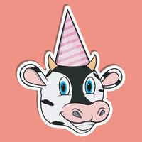 Tiergesichtsaufkleber mit Kuh, die Partyhut trägt. Charakter-Design. vektor