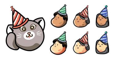 Satz glückliche süße Kinder und Katzenkopf auf Geburtstagsfeier mit buntem Hut vektor