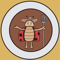 Vektor der Maskottchen-Käfer-Bauerform um Logo und braunen Hintergrund