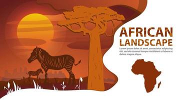 Afrikanische Landschaft im Stil von geschnittenem Papier für die Gestaltung eines Zebras steht neben einem Baum vor dem Hintergrund des Sonnenuntergangs vektor