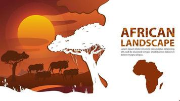 Afrikanische Landschaft im Stil von geschnittenem Papier für die Gestaltung einer Herde von Antilopen steht zwischen den Bäumen vor dem Hintergrund des Sonnenuntergangs vektor