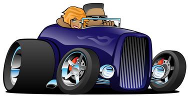 Highboy hot rod djup lila roadster med manlig förare och söt kvinna passagerare isolerad vektor illustration